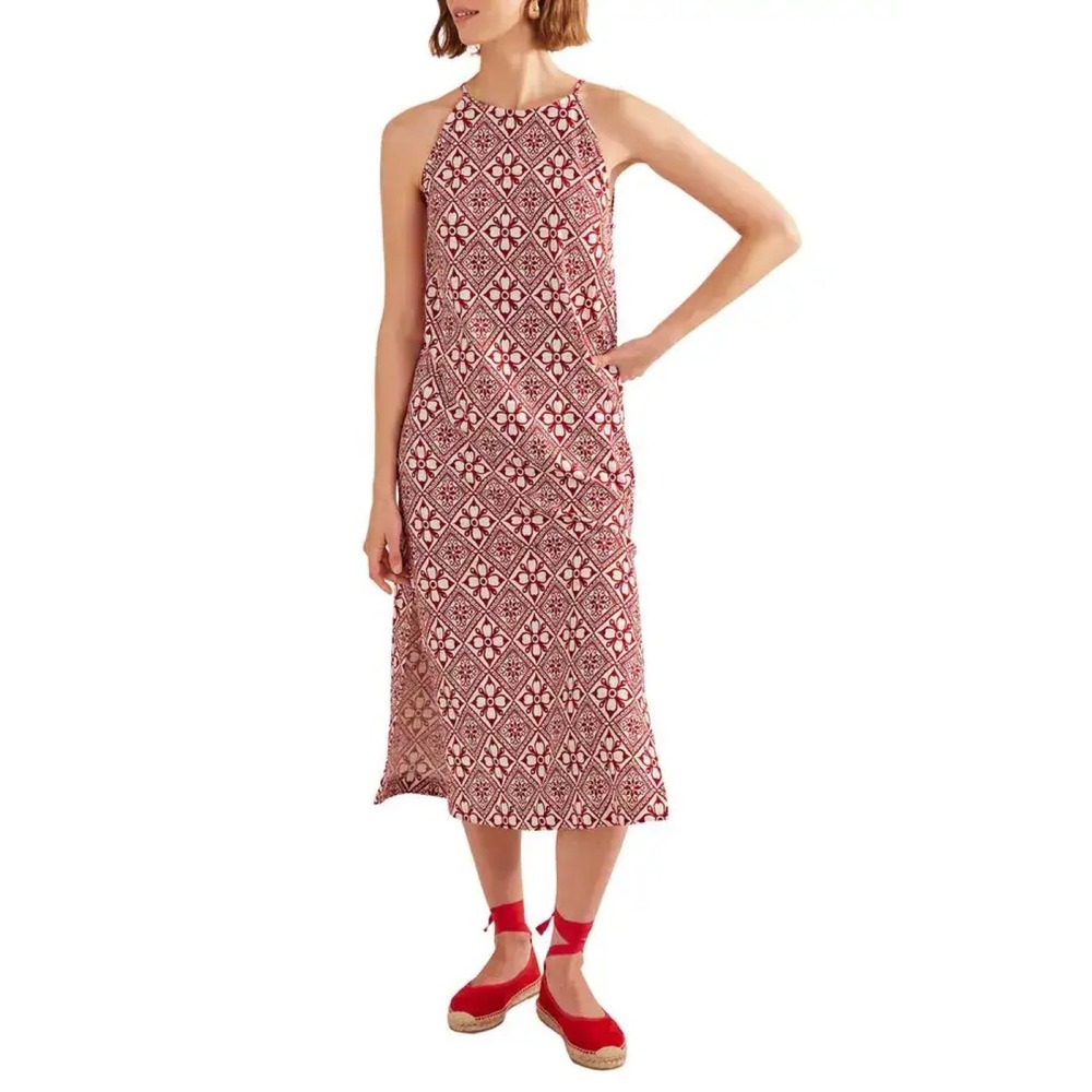 New Boden Red & White Floral Tile Print Cotton Jersey Midi‎ Dress 2R
